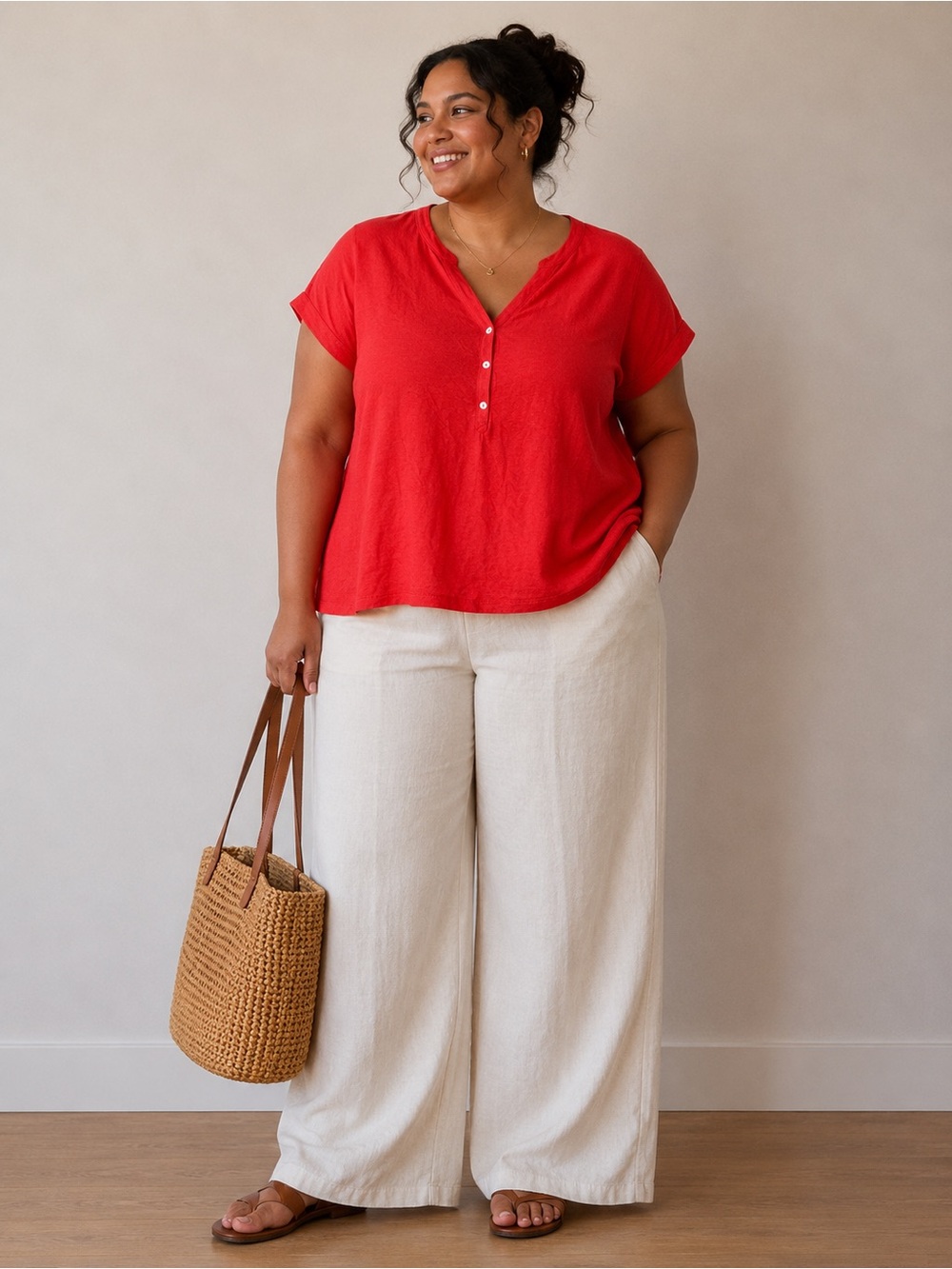 J. Jill love linen red henley shirt XL three button coastal summer relaxed